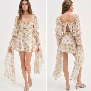 For Love & Lemons Willow Floral Blouson Puff Sleeve Pink Mini Dress size Large